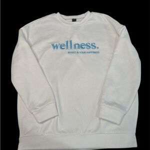 SHEIN White Crewneck Sweater with Blue Wellness Design